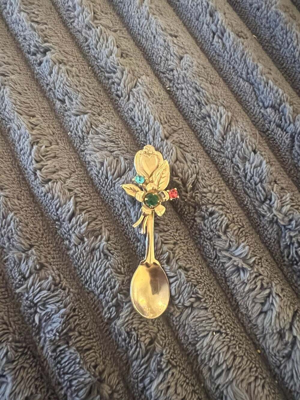 Vintage Spoon Brooch Rhinestone Flower Silver Tone Pin